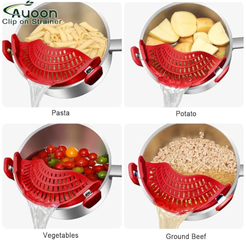 AUOON Pot Strainer Clip on Silicone, Large 10.45 x 4.33 in, Red | Fits Pots Pans Bowls, Dishwasher Safe, for Pasta Noodles Vegetable Fruits, Space-saving Kitchen Gadget - color: Red, size: Large 10.45 x 4.33 in