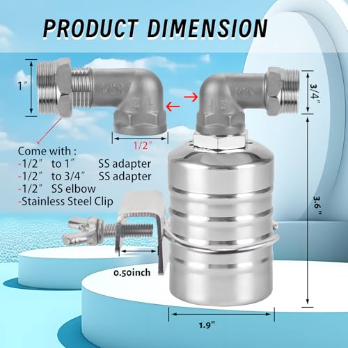2-Pack Float Valve, 1/2" to 3/4'' 1" 304 Stainless Steel Fully Automatic Water Level Controller Water Float Valve for Water Tank,Pool,Water Tank, Livestock Troughs