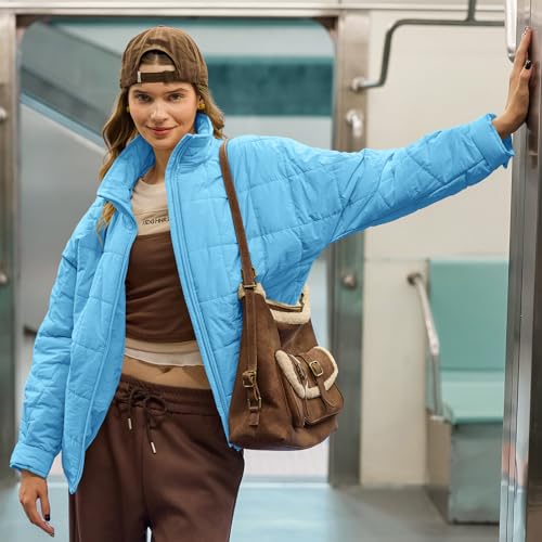 GeGekoko Women's Lightweight Oversized Long Sleeve Zip Water Resistant Packable Puffer Jacket Warm Short Winter Coat - color: Sky Blue, size: Medium