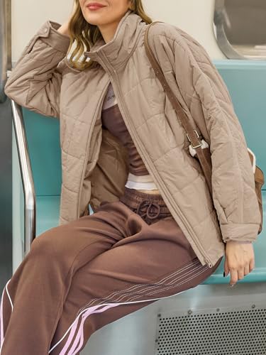 GeGekoko Women's Lightweight Oversized Long Sleeve Zip Water Resistant Packable Puffer Jacket Warm Short Winter Coat - color: Khaki, size: Medium