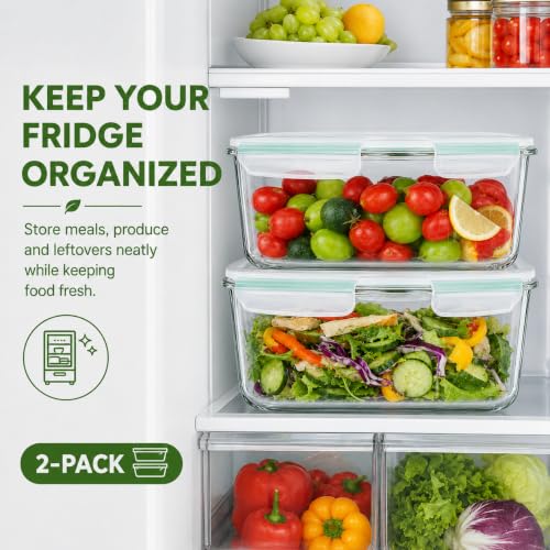 2 Pack Large Glass Storage Containers with Lids 85oz/10.5cup Big Airtight Glass Food Storage Containers for Rotisserie Chicken Watermelon Meal Prep, BPA Free, Freezer Dishwasher Oven Safe - color: green