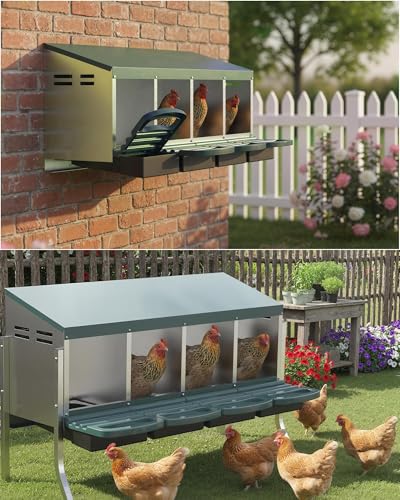 Metal Chicken Nesting Box with Easy-Collect Tray & Lid – 3/4/2x2 Compartment Heavy Duty Roll Away Nesting Boxes for Chickens, Wall Mount or Freestanding, Galvanized Steel Hen Laying Box for Coop
