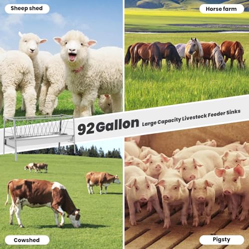92 Gallon Steinless Steel Goat Hay Feeder，2-in-1 Design with 62 Gal Top Hay Feeder and 30 Gal Base Trough，Corrosion Resistant Livestock Feeder for Barns, Pastures, Farms