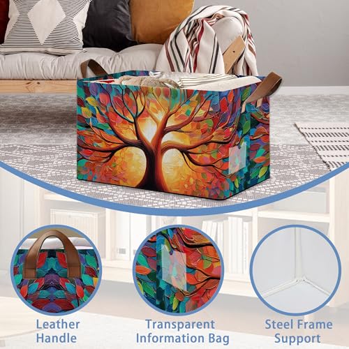 Tree of Life Storage Basket with Handles,Colorful Collapsible Rectangle Organizer Bin for Room Decoration Books Box Baskets 17x11.5x10Inch - color: Tree of Life Colorful