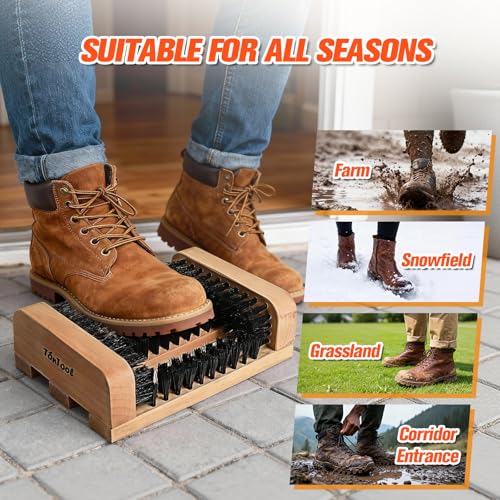 Wooden Boot Scraper Outdoor Heavy Duty Shoe Brush Cleaner for Muddy Boots, Dual Bristle Entryway Shoe Cleaner System for Home Entrance Garage Farm Snow Rain Durable Hardwood Base