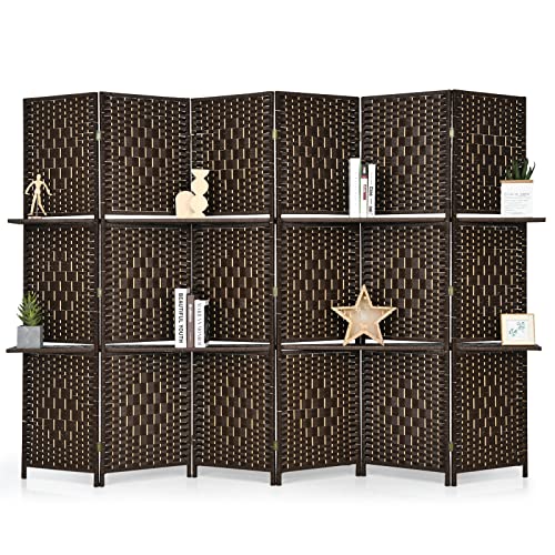 Giantex 6Ft 6 Panel Room Divider with Shelves, Freestanding Hand-Woven Rattan Folding Privacy Screens for Room Separation, Wooden Partition Room Divider Wall for Home Office Studio Separator - color: Brown