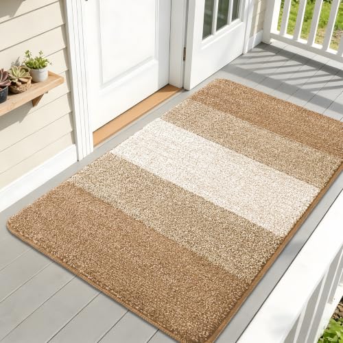 Kitinjoy Indoor Outdoor Door Mat, 59x32 Non-Slip Dirt Trapper Doormats | Camel Low-Profile Washable Inside Entrance Front Floor Mat, Sturdy Soft Entry Striped Doormats for Entryway - color: Camel, size: 59'' X 32''