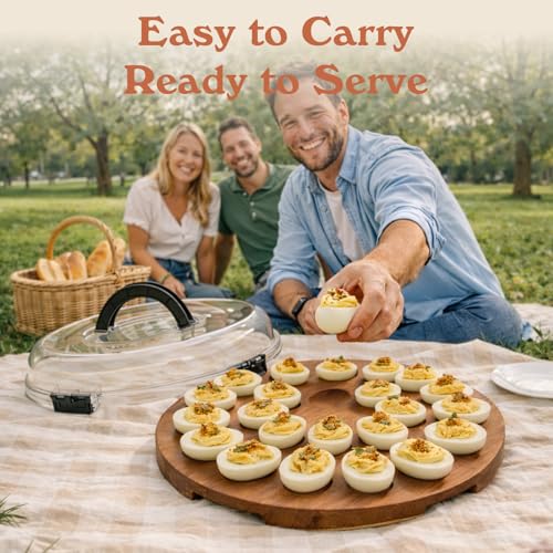 77L Deviled Egg Containers with Lid, 24-Slot Acacia Wood Deviled Egg Tray Platter for Serving and Transporting, Elegant Party & Potluck Serving Board (Black)