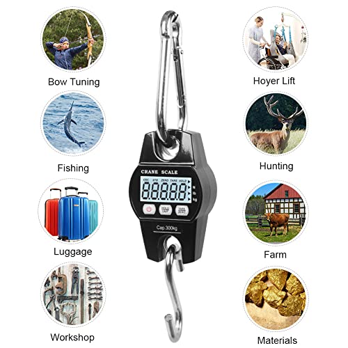 Fuzion Hanging Scale 660LB - Heavy Duty Crane Scale with Aluminum Body | Stainless Steel Hook, Hold/Tare Function, Large Display, Digital Hanging Scales for Weighing Animals, Hays, Fish, Luggage - color: Black, size: 660LB
