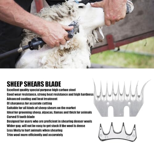 Sheep Shears Replacement Blades, 2 Pack Curved 9 Tooth High Carbon Steel Clipper Comb Blades for Thick Coat Sheep Goats Alpacas Llamas Grooming