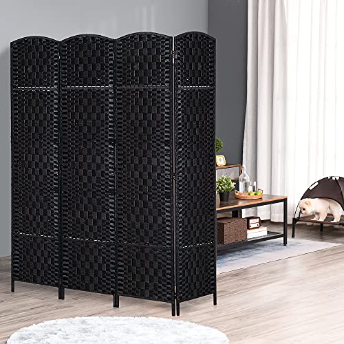 HOMCOM Room Divider 4-Panel, 6FT-Tall Folding Privacy Screen, Black | Freestanding Partition, Hand-Woven Design, for Room Separation, 360° Hinges, Paper Rope Diamond Weave - color: Black, size: 4 Panel