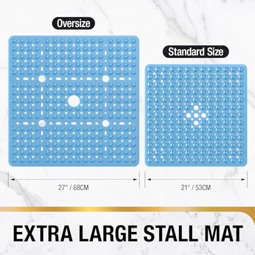HITSLAM Square Shower Mat 27x27 Inch, Extra Large Non Slip Shower Mats for Inside Shower Stall, Anti Slip Bath Floor Mat with Strong Suction Cups & Drain Holes, Machine Washable, Blue - color: Blue