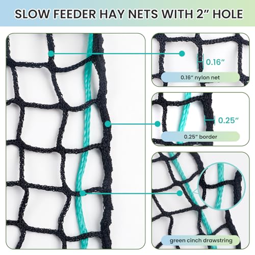 6x6 FT Round Bale Hay Net, 2-Inch Slow Feed for Horses and Goats | Knotless heavy-duty hay feeder, fits 4x5 and 5x5 round bales, 2-inch holes help slow feeding and reduce hay waste - size: 6x6 ft