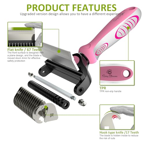Spring Blossoms-2 in 1 Professional Grooming Rake for Cats & Dogs-Dematting Comb for Easy Mats & Tangles Removing,Pet Brush Safe No More Nasty Shedding and Flying Hair (Purple) - color: Purple