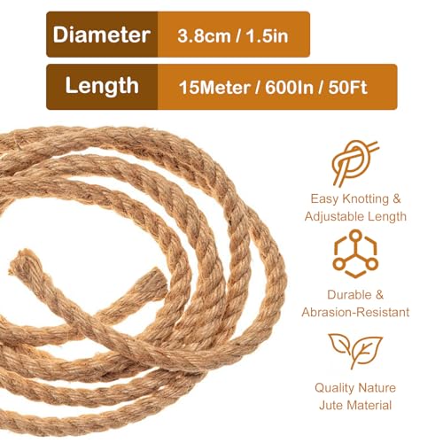 Thick Twisted Manila Ropes 1.5Inch×50ft Natural Jute Rope Heavy Duty Hemp Rope for Swing Bed, Crafts, Railing, Tug of War, Landscaping, Gardening, Bundling, Hammock, Home Decorating - size: 1.5inches x 50feet