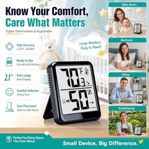 2 Pack Room Thermometer Indoor Hygrometer Digital Humidity Meter | Accurate Sensor, Fast Refresh, Big Digits, Easy to View, ℉/℃, w/ AAA Battery, Compact for Home, Office, Pet, Plant - color: Black - Upgraded Version, size: 2 - Pack