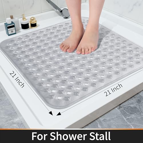 Yimobra Square Shower Mat Non Slip, Super Strong Suction Cups, 21"X21" Bath Tub Mat with Drain Holes, Machine Washable Fast Draining Bath Mats, Bathroom Essentials,Clear Gray - color: Clear Gray, size: 21 X 21 Inch
