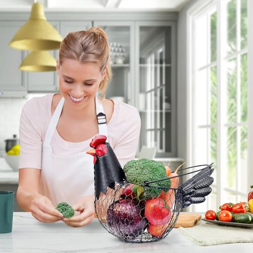 Chicken Egg Collecting Basket,Metal Wire Eggs Holder Bowl with Handle | Farmhouse Chicken Decor,Rustic Black Rooster Chicken Shaped Fruit Countertop for Home Kitchen Decoration - color: Rustic Black
