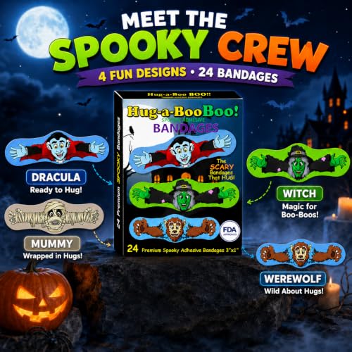 Fun Monsters Adhesive Bandages from Hug-a-Booboo! Spooky Halloween Bandages That Hug! Favorite Scary Monster Characters - Vampire, Witch, Wolfman and Mummy with Hugging Arms! Fun as Stickers 24 Ct Box - size: 24ct, style: Spooky Monsters
