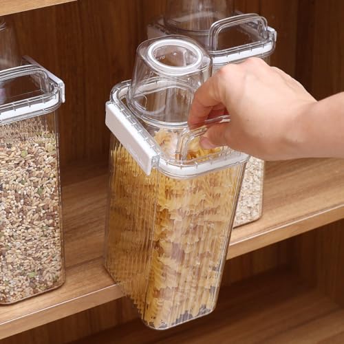 Neoflam 3 Set Airtight Kitchen Pantry Dry Food Container with Handle, Dog, Cat, Pet Feed Dispenser with Measuring Cup, Refrigerator Cabinet Organization for Cereal, Rice, Grain, Pasta (44 oz, 1300ml) - size: 44 oz