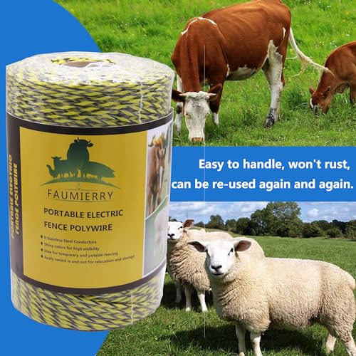 Portable Electric Fence Poly Wire 1312 Feet 400 Meters, 6 Stainless Steel Conductors for Reliable Conductivity, UV Treatment, Rust Resistance - Yellow & Black - size: 1312ft