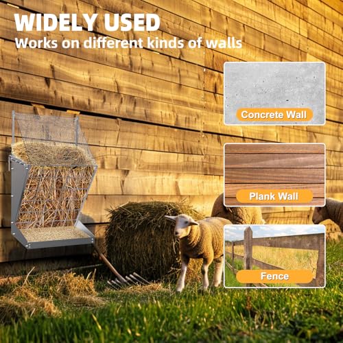 Wall Mount Hay Rack, 2 in-1 Goat Hay Feeder with Hook, 19 Gallons Heavy Duty Galvanized Wall Hay Rack, Livestock Feeder with Adjustable Distance, Easy to Install, Hay Feeder for Goats, Sheep, Horse - size: with top cover