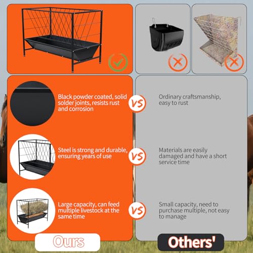 Yahpetes Pasture Hay Feeder 2 in 1 Goat Feeder 69 Gallon Capacity Livestock Rack 42.9''L X 20.5''W Hay Grain Livestock Feeder with V-Shaped Top Rack & Feed Pan for Sheep Farms Sheds