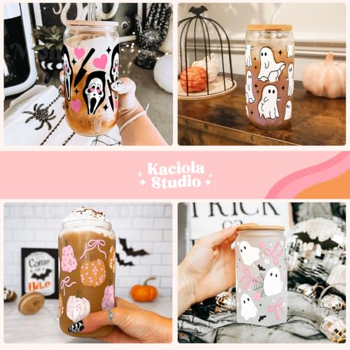 9 Sheets UV DTF Cup Wraps Halloween Transfer Stickers for 16oz Glasses | Waterproof rub on transfers, Vibrant blank glass tumbler decals with excellent 3D gloss finish, fit 16oz libbey glasses - style: Halloween