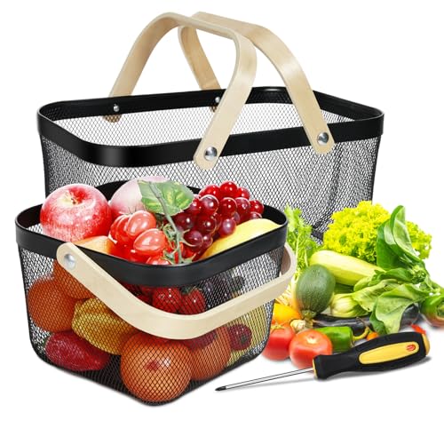 2 Pack Garden Harvest Basket, Metal Mesh Wire Picnic Basket with Handle | for Picnic, Vegetable Gathering, Fruit Picking, Kitchen Storage, Black, Sturdy, Lightweight, Home Closet, Office, Gift. - color: Black