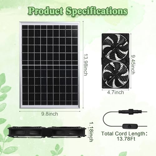 Glooglitter Solar Panel Fan Kit Solar Waterproof Exhaust Fans 15w Panel 2 Pcs High Speed Dc Brushless Fan for Attic Shed Barn Chicken Coop Greenhouse DIY Cooling Ventilation Project(1 Set)