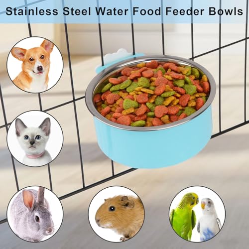 Dog Crate Water Bowl No Spill Removable Hanging Bowls, Blue | Stainless steel + plastic 2-in-1, twist-lock easy install, detachable easy clean, for small dogs/cats/rabbits/guinea pigs - color: Blue+Green