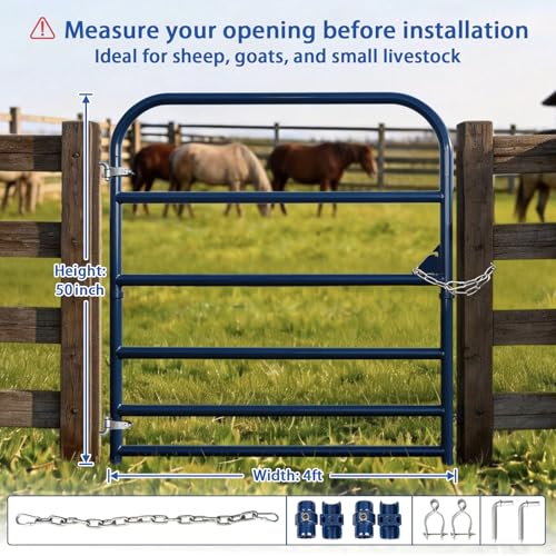 4 ft W x 50 in H Farm Gate, 6-Bar Steel Livestock Gate for Horse & Cattle | Heavy-duty horse gate and cattle gate with 6-bar steel tubing, chain latch and animal-safe spacing for farms and corrals.