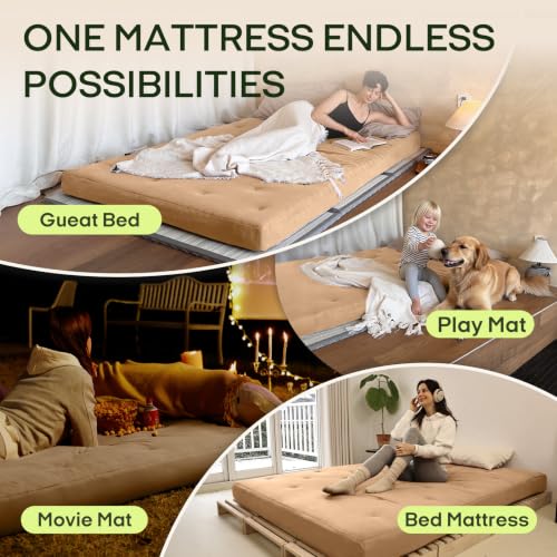 ZonLi Japanese Floor Futon Mattress 100% Cotton Washable Cover Foldable | 75" x 54" Full Size 6" Thick Tatami Mat Sleeping Pad, Roll Up Floor Lounger Bed for Guest, Dormitory, Camping & Travel - color: Burro, size: Full(75"L x 54"W x 6"Th)