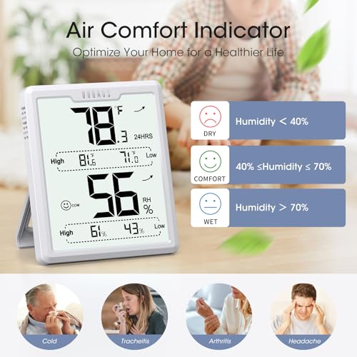 DOQAUS Hygrometer Indoor Thermometer, Temperature Humidity Meter, White | 3.4in Large LCD Display, Temp Humidity Monitor with Max Min Records for Home, Bedroom, Baby Room, Office, Greenhouse - color: White