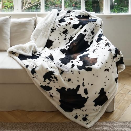 Heated Blanket Twin Blanket - Fast Heating Electric Blanket, Soft Heated Throw with 4 Time Settings,10 Heating Settings, Warm Gifts for Women Mom Grandma(62" x 84" Cow Print White) - color: 01 - Black Ombre-white, size: Twin 62" x 84"