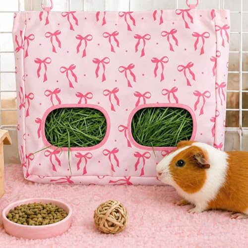 JarThenaAMCS 2Pcs Rabbit Hay Feeder Bag with 2 Holes Pink Bow Guinea Pig Hanging Hay Feeding Bag Large Storage Dispenser for Chinchilla Hamster Bunny Small Animal Pet - size: 13 x 11.4 inch
