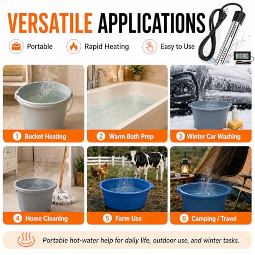 2000W Fast Heating Immersion Water Heater | Submersible Bucket Heater with 304 SS & Digital Thermometer, Safe & Compact Design for Tubs,Inflatable Pool & Farm