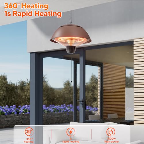Electric Outdoor Heater, 1500W, Brown | Hanging Ceiling Mounted, Infrared Patio Heater, Waterproof, For Porch, Balcony, Garage, Adjustable Height - color: Brown