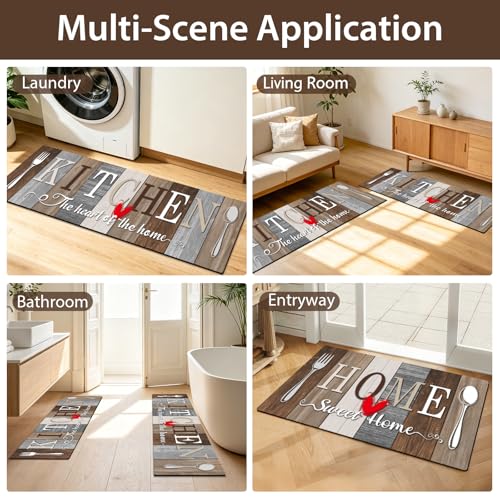 Kitchen Rugs Set 3 Piece, Non Slip Kitchen Mats for Floor, Soft Fabric with Rubber Backing, Farmhouse Anti Fatigue Runners Carpet for Home Kitchen Laundry Room Hallway (Rustic Brown & Grey) - color: Rustic Brown & Grey