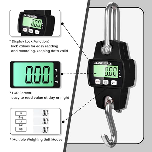Digital Hanging Scale, 880lb/400kg Crane Scale | Handheld, Mini Crane Scale with LCD Display and Hooks, Aluminum Alloy Body for Hunting, Outdoor, Fishing, Farm (Black) - color: Black-880lb