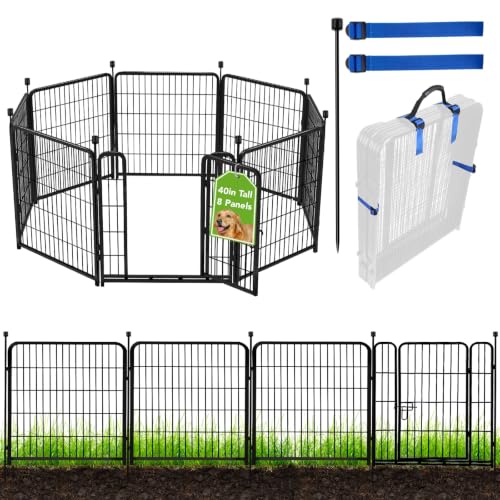 ADAVIN Tall Garden Fence with Gate, 40 in(H) 8 Panels Animal Barrier Fence, Heavy Duty Iron Metal Fence and Border, Indoor or Outdoor Dog Playpen, Flower Bed Fencing, Total 17.7 FT(L),Black - size: 8panels-40in(H)×17.7ft(L)