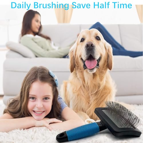 Dog Brush For Long Haired Dogs Poodles-Dog brushes for grooming&shedding-Large Firm Slicker Brush for Goldendoodles-With Soft Massage Grooming Stainless Steel Pins, Pet Grooming Wire Brush-25mm(1") - size: Bule