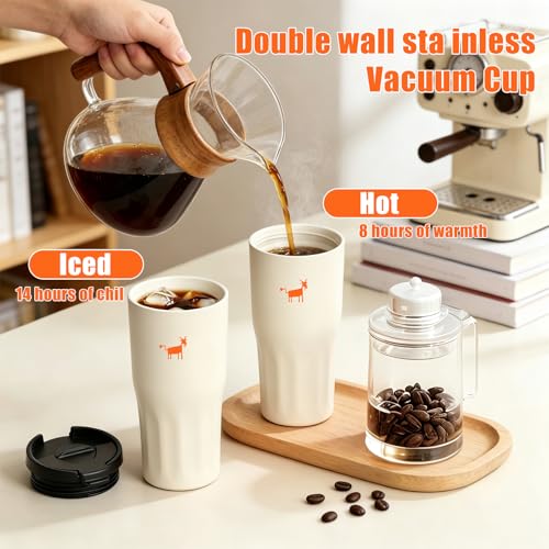 CHEERFUL GOAT Ceramic Travel Tumbler Ceramic Coffee Mug with 2 Lids | 21 OZ Stainless Steel Coffee Tumbler with Ceramic Liner,Cup for Hot and Cold at Home, Office, or On the Go （White） - color: White