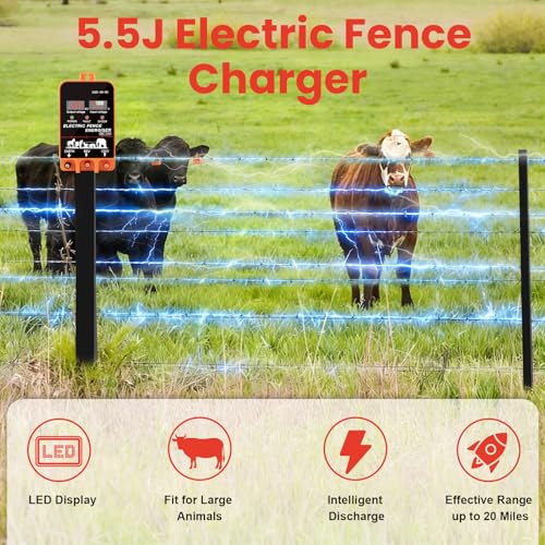5.5J Electric Fence Charger Energizer, 5.5 Joules 10 Miles | AC DC 2 in 1 Powered Supply, Input 12V Output 8 KV or 12KV with Display and Alarm,Contain Cattle Cow and Livestock, No Remote