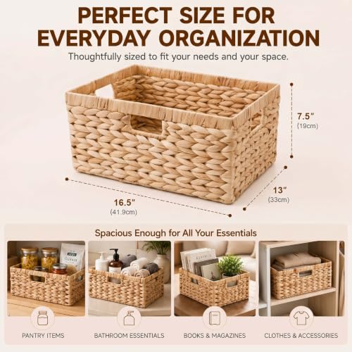 Wicker Storage Basket for Organizing, Handwoven Water Hyacinth Basket with Metal Frame & 3 Handles, 16.5"L x 13"W x 7.5"H