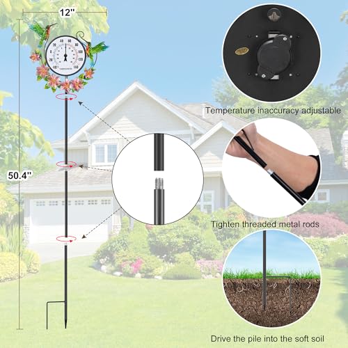 Outdoor Indoor Wall Thermometer with Hummingbird Metal Stake Outside Waterproof Decorative Temperature for Lawn Yard Pathway Patio No Batteries Required