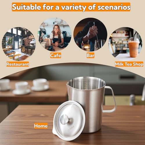 70 Oz Stainless Steel Pitcher with Lid, Graduated Measuring Cup | Stainless steel, 2L large mouth design, with lid, for latte art/iced tea/water, milk frothing jug, hot & cold drinks
