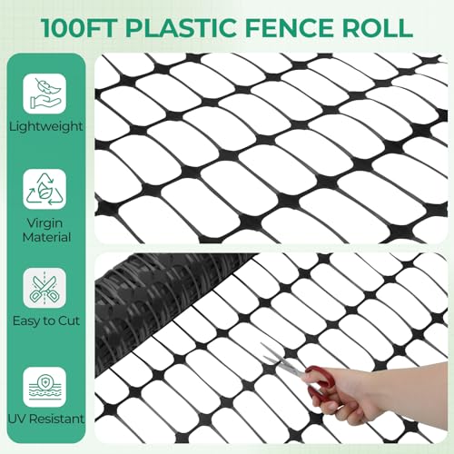 Ohuhu 3.4'x100' Plastic Garden Fence Safety Fence with 16MM Thicker Stakes | Reusable HDPE Garden Fence Roll with 25Pcs 4FT Stakes, Temporary Fence for Animal Barrier Construction Snow Fence Poultry Dog