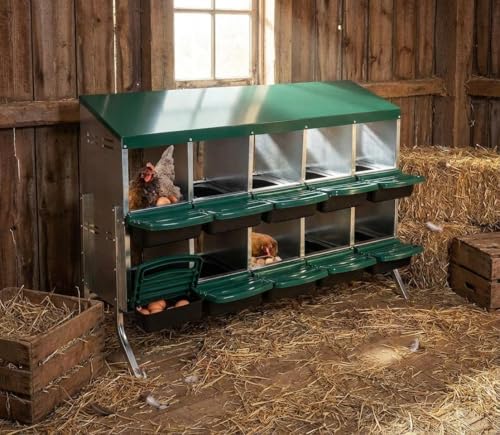 Chicken Nesting Box, 10 Compartments Roll Away Eggs Laying Boxes, Cleanable Pull Out Hen Roosting Boxes with Mental Leg, Durable & Easy to Install, Green - color: Green, size: 10 holes with legs