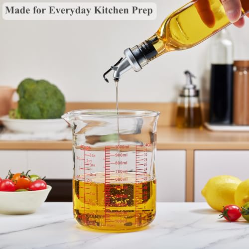 Ackers BORO3.3 Borosilicate Glass Measuring Cup with V-Spout, 1000 ml | Red printed ml, fl oz and cup scales with a wide opening for cooking, baking, mixing and liquid transfer - size: 4Cup,1000ML